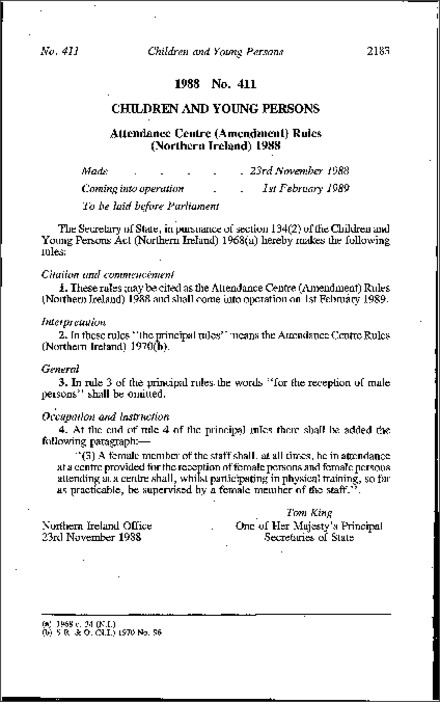 The Attendance Centre (Amendment) Rules (Northern Ireland) 1988