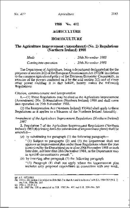 The Agriculture Improvement (Amendment) (No. 2) Regulations (Northern Ireland) 1988