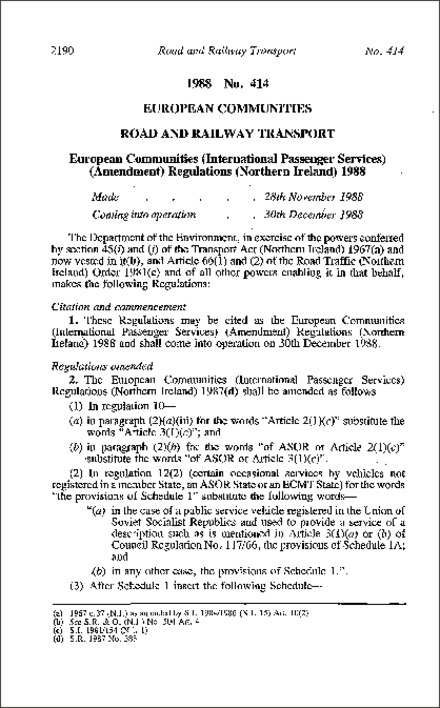 The European Communities (International Passenger Services) (Amendment) Regulations (Northern Ireland) 1988