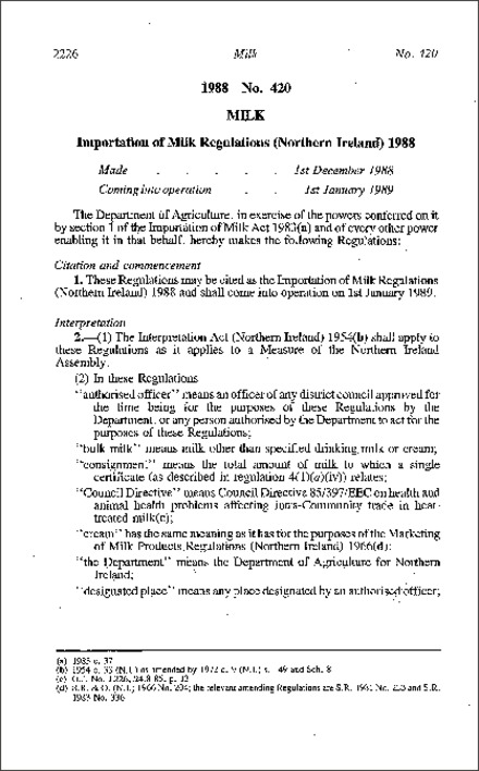 The Importation of Milk Regulations (Northern Ireland) 1988