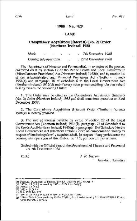 The Compulsory Acquisition (Interest) (No. 2) Order (Northern Ireland) 1988