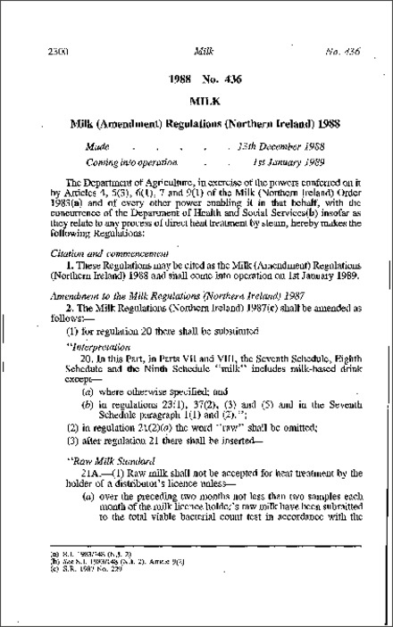 The Milk (Amendment) Regulations (Northern Ireland) 1988