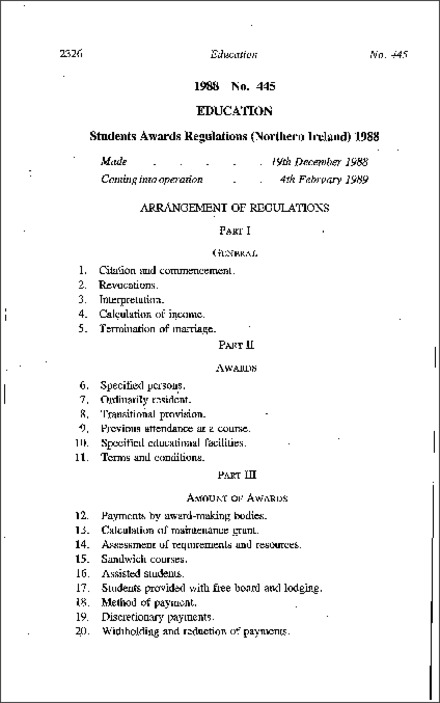 The Students Awards Regulations (Northern Ireland) 1988