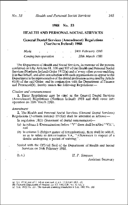 The General Dental Services (Amendment) Regulations (Northern Ireland) 1988