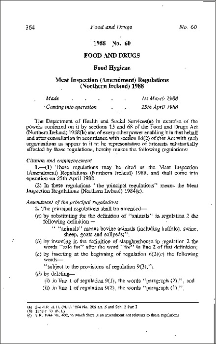 The Meat Inspection (Amendment) Regulations (Northern Ireland) 1988