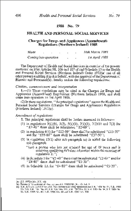 The Charges for Drugs and Appliances (Amendment) Regulations (Northern Ireland) 1988