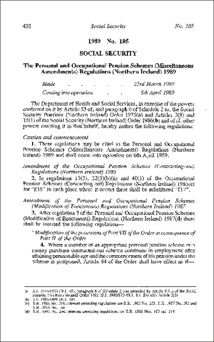 The Personal and Occupational Pension Schemes (Miscellaneous Amendment) Regulations (Northern Ireland) 1989