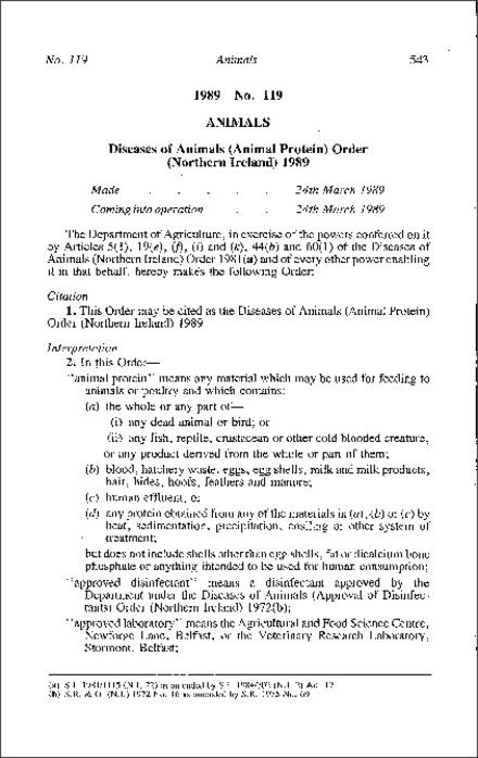 The Diseases of Animals (Animal Protein) Order (Northern Ireland) 1989