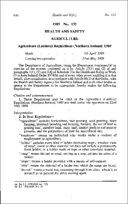 The Agriculture (Ladders) Regulations (Northern Ireland) 1989