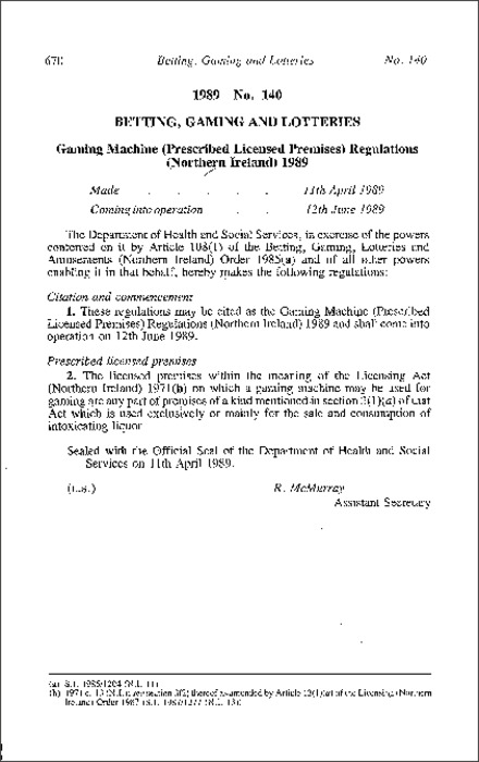 The Gaming Machine (Prescribed Licensed Premises) Regulations (Northern Ireland) 1989