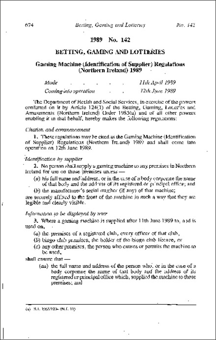 The Gaming Machine (Identification of Supplier) Regulations (Northern Ireland) 1989