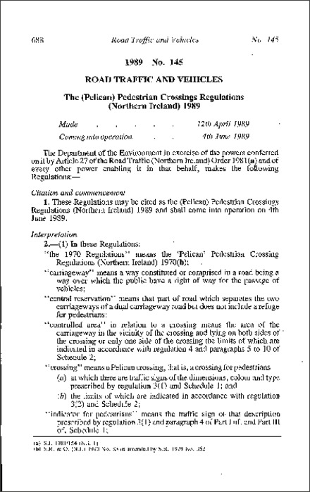 The #Pelican' Pedestrian Crossings Regulations (Northern Ireland) 1989