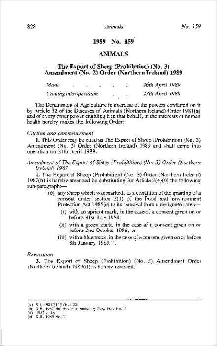 The Export of Sheep (Prohibition) (No. 3) Amendment (No. 2) Order (Northern Ireland) 1989