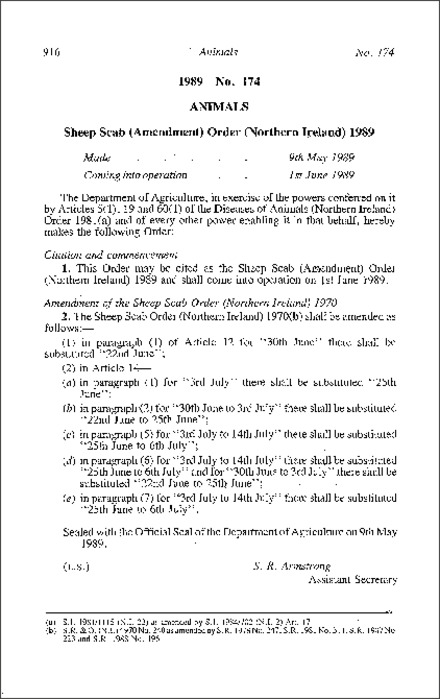 The Sheep Scab (Amendment) Order (Northern Ireland) 1989