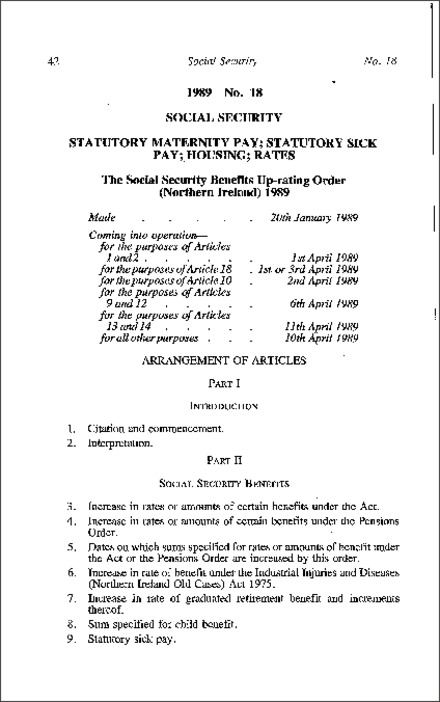 The Social Security Benefits Up-rating Order (Northern Ireland) 1989