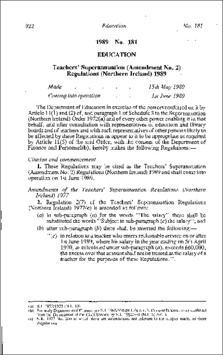 The Teachers' Superannuation (Amendment No. 2) Regulations (Northern Ireland) 1989