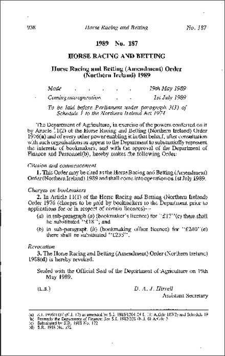 The Horse Racing and Betting (Amendment) Order (Northern Ireland) 1989