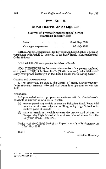 The Control of Traffic (Newtownabbey) Order (Northern Ireland) 1989