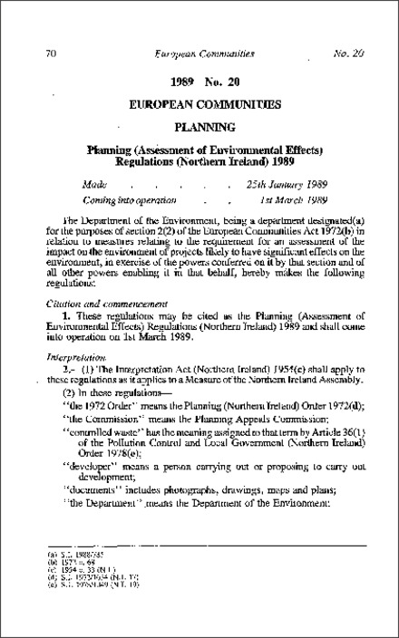 The Planning (Assessment of Environmental Effects) Regulations (Northern Ireland) 1989