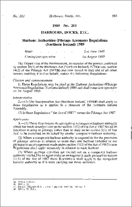 The Harbour Authorities (Pilotage Accounts) Regulations (Northern Ireland) 1989