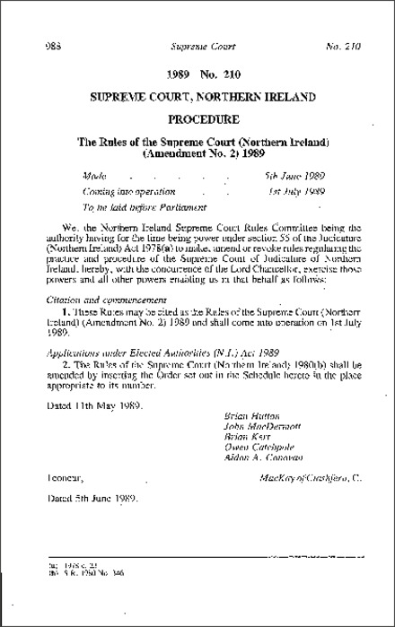 The Rules of the Supreme court (Northern Ireland) Amendment No. 2 (Northern Ireland) 1989