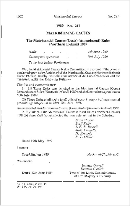 The Matrimonial Causes (Costs) (Amendment) Rules (Northern Ireland) 1989