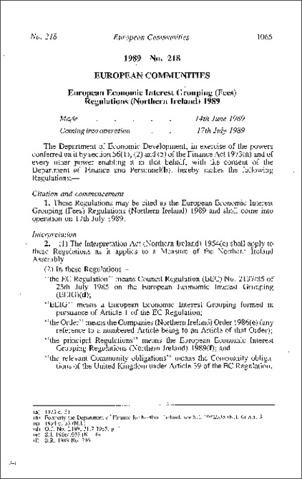 The European Economic Interest Grouping (Fees) Regulations (Northern Ireland) 1989