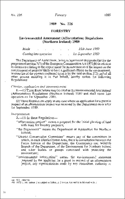 The Environmental Assessment (Afforestation) Regulations (Northern Ireland) 1989