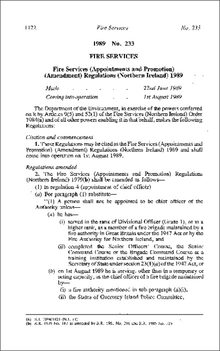 The Fire Service (Appointments and Promotion) (Amendment) Regulations (Northern Ireland) 1989