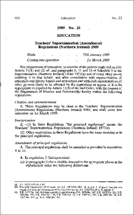The Teachers' Superannuation (Amendment) Regulations (Northern Ireland) 1989