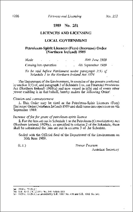 The Petroleum-Spirit Licences (Fees) (Increase) Order (Northern Ireland) 1989