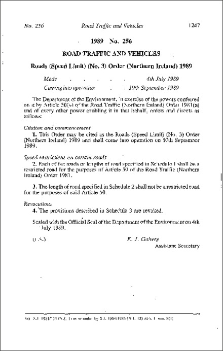 The Roads (Speed Limit) (No. 3) Order (Northern Ireland) 1989