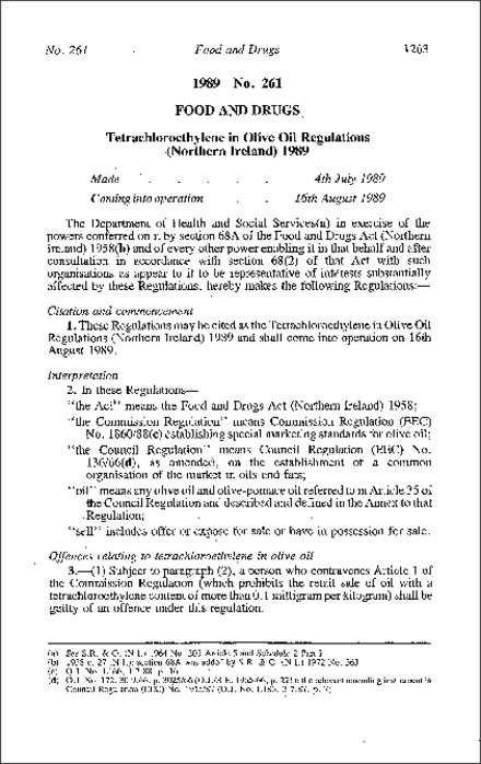 The Tetrachloroethylene in Olive Oil Regulations (Northern Ireland) 1989