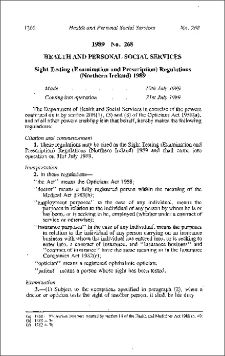 The Sight Testing (Examination and Prescription) Regulations (Northern Ireland) 1989
