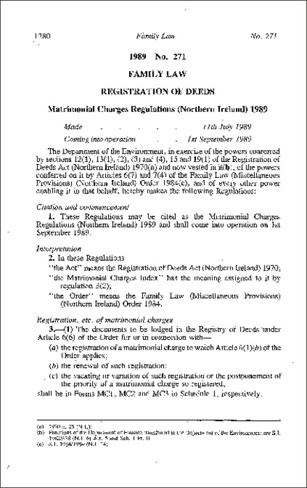 The Matrimonial Charges Regulations (Northern Ireland) 1989