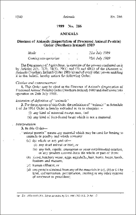 The Diseases of Animals (Importation of Processed Animal Protein) Order (Northern Ireland) 1989