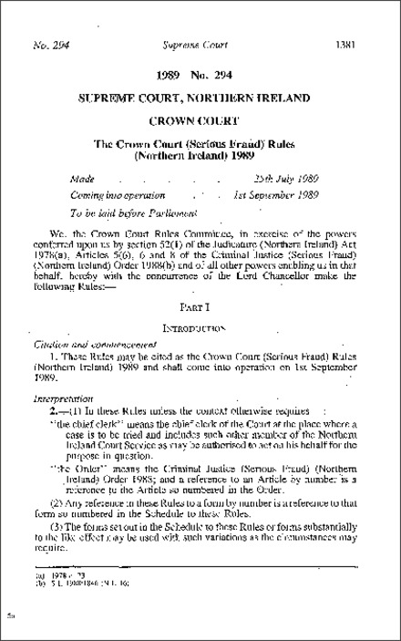 The Crown Court (Serious Fraud) Rules (Northern Ireland) 1989