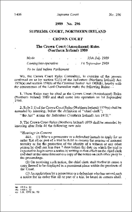 The Crown Court (Amendment) Rules (Northern Ireland) 1989