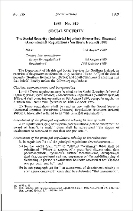 The Social Security (Industrial Injuries) (Prescribed Diseases) (Amendment) Regulations (Northern Ireland) 1989