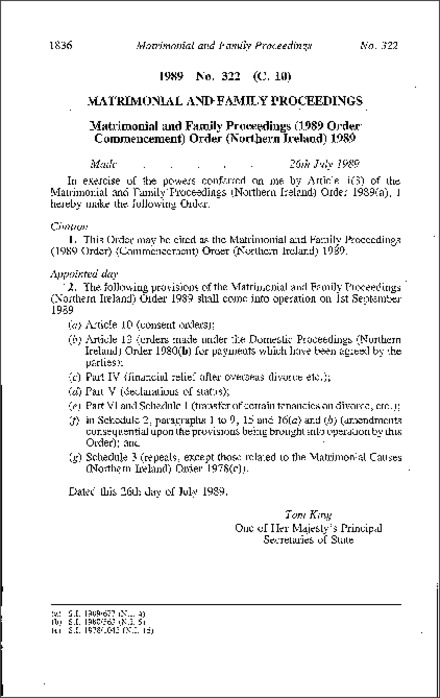 The Matrimonial and Family Proceedings (1989) Order (Commencement) Order (Northern Ireland) 1989