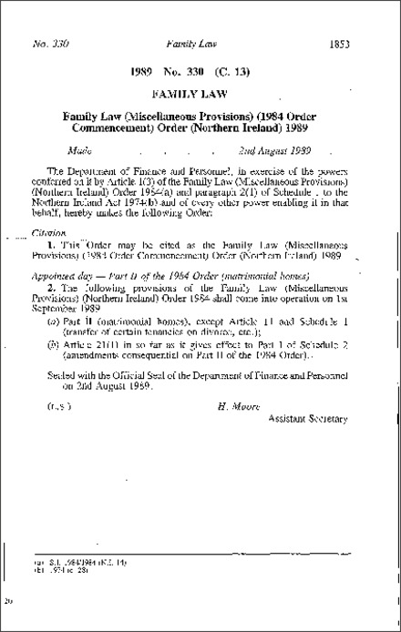 The Family Law (Miscellaneous Provisions) (1984 Order Commencement) Order (Northern Ireland) 1989