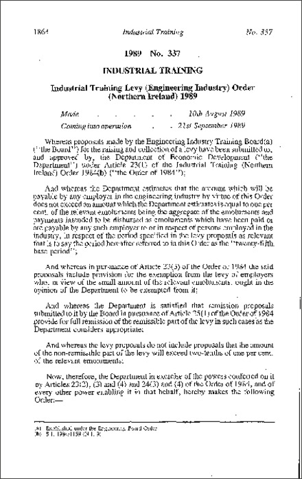 The Industrial Training Levy (Engineering Industry) Order (Northern Ireland) 1989