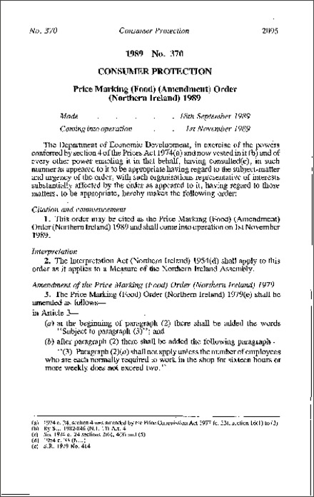 The Price Marking (Food) (Amendment) Order (Northern Ireland) 1989