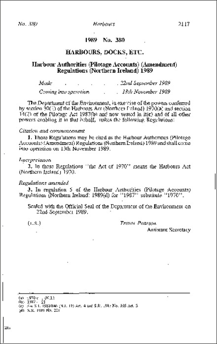 The Harbour Authorities (Pilotage Accounts) (Amendment) Regulations (Northern Ireland) 1989