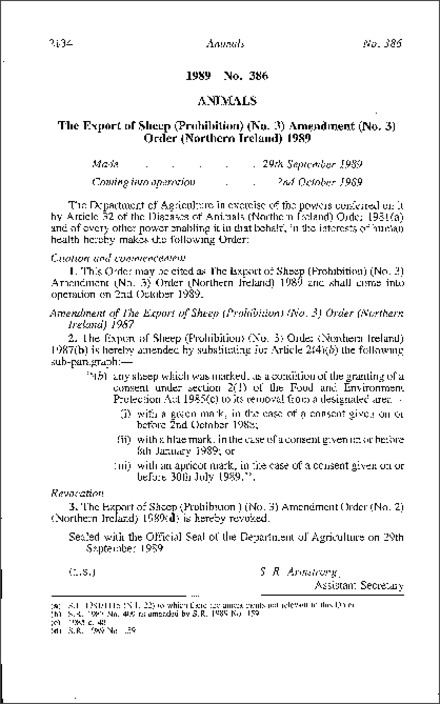 The Export of Sheep (Prohibition) (No. 3) (Amendment No. 3) Order (Northern Ireland) 1989