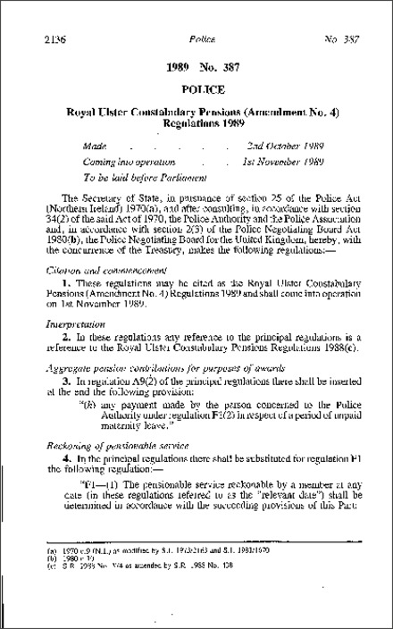 The Royal Ulster Constabulary Pensions (Amendment No. 4) Regulations (Northern Ireland) 1989