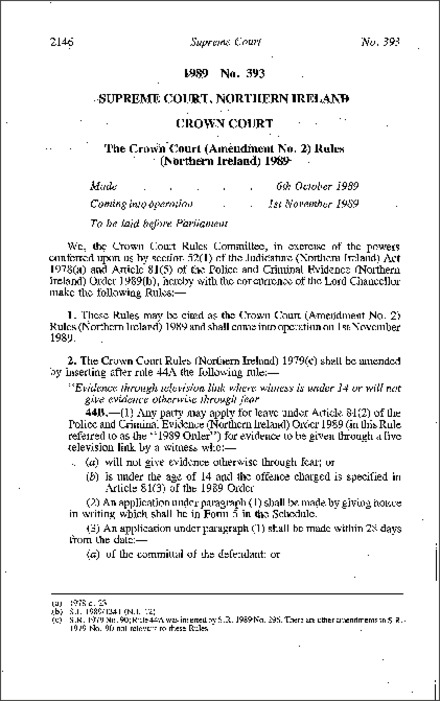 The Crown Court (Amendment No. 2) Rules (Northern Ireland) 1989