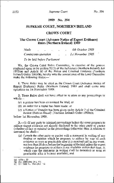 The Crown Court (Advance Notice of Expert Evidence) Rules (Northern Ireland) 1989