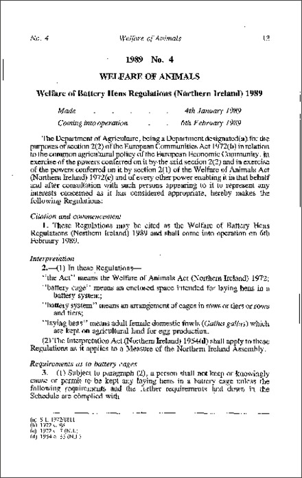 The Welfare of Battery Hens Regulations (Northern Ireland) 1989