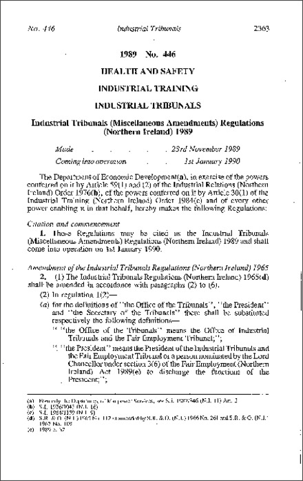 The Industrial Tribunals (Miscellaneous Amendment) Regulations (Northern Ireland) 1989
